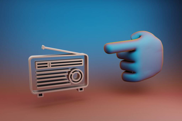 Güzel çizimler soyut El işaret parmağı çok renkli parlak bir arkaplanda Kısa Anten sembol simgesine sahip Eski Radyo 'yu gösteriyor. 3D tasvir. Tasarım için arkaplan modeli. Müzik nesnesi. - Fotoğraf, Görsel