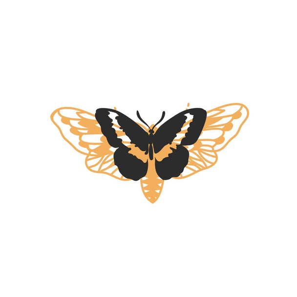 手描きベクトル抽象グラフィックイラスト神秘的な飛行蝶のロゴマジックラインシルエットアートと天体デザインコンセプト、蛾孤立。マジックドローイング蝶のアイコンデザインコンセプト - ベクター画像
