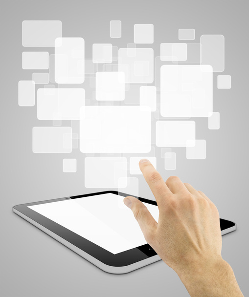 Tablet pc com mão escolher cartões abstratos
 - Foto, Imagem