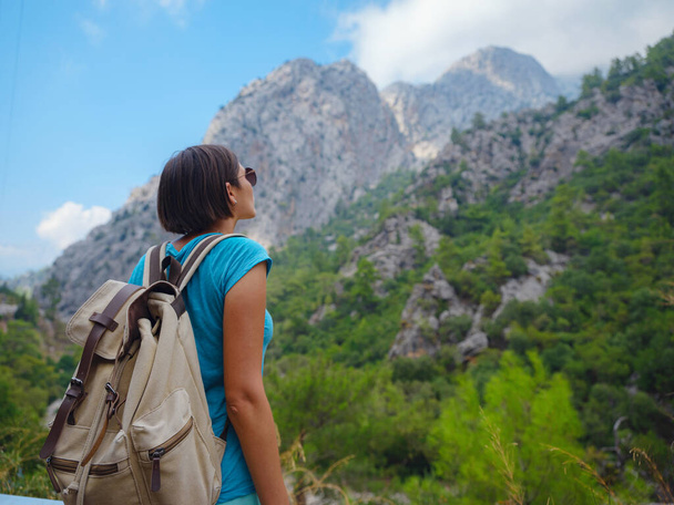 Tourist with backpack hike , Turkey travel, mediterranean area on a warm summer day lycian trail. concept of Zero waste travel, active lifestyle, summer vacation concept. - Photo, Image