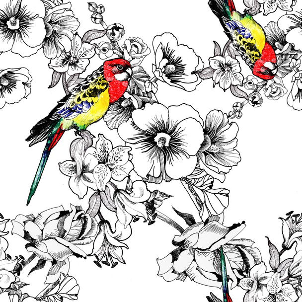 Exotic birds with flowers - Zdjęcie, obraz