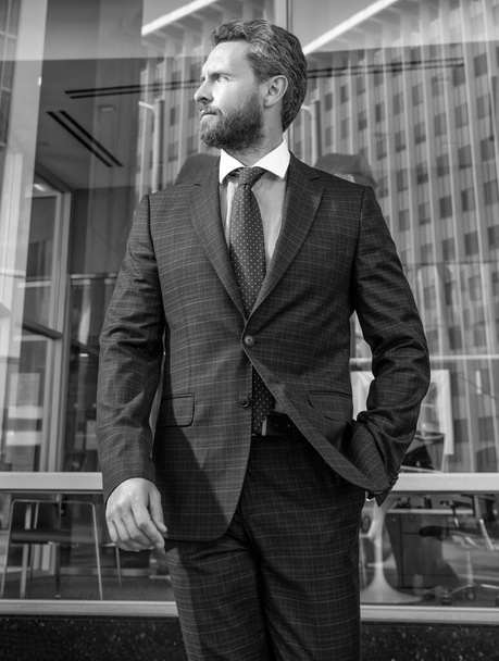 business success. successful man in businesslike suit. manager executive outside the office. male formal fashion. confident bearded boss. mature businessman in formalwear. - Photo, Image