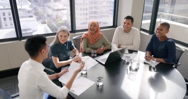Diversity, business meeting and report collaboration for kpi marketing development, advertising planning or happy team in office. Interracial business people, smile and discussion with documents. - Footage, Video