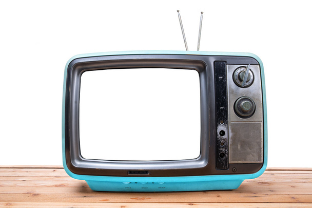 Синий винтажный телевизор на деревянном столе
  - Фото, изображение