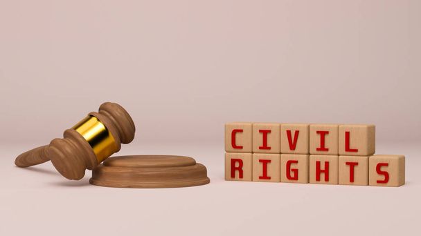Dřevěná soudcovská kladívka a zvuková deska 3D ilustrace a krabička s nápisem Občanská práva s kopírovacím prostorem pro text, žalobu nebo koncept práva - Fotografie, Obrázek