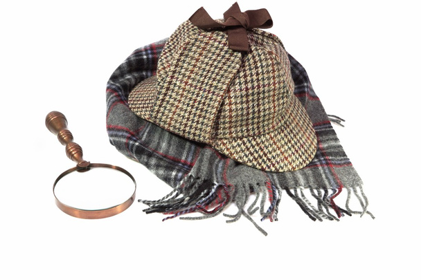 Deerstalker Hat, Retro Magnifying Glass and Woolen Tartan Scarf - Photo, Image