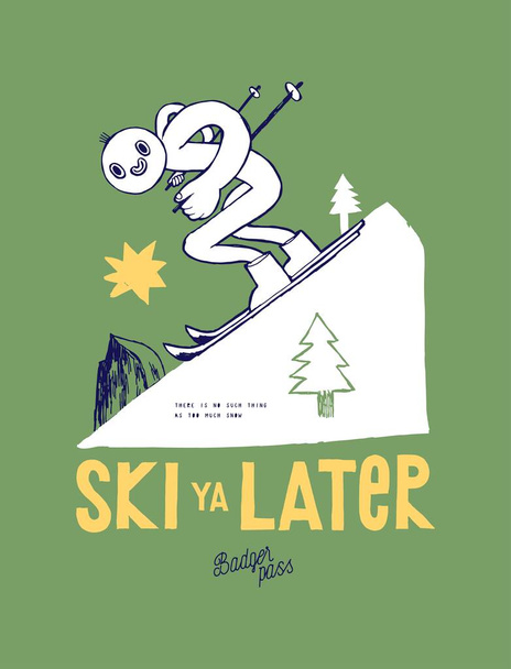 Tot ziens. Naïeve eenvoudige illustratie van een skiër die de piste afrijdt op Badger Pass California. Wintersport vintage typografie vintage typografie zeefdruk t-shirt print vector illustratie. - Vector, afbeelding