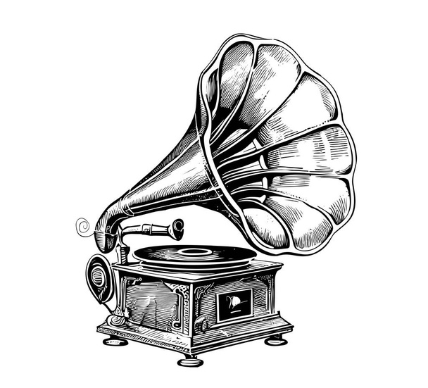 Boceto de gramófono musical dibujado a mano vintage Vector ilustración - Vector, imagen