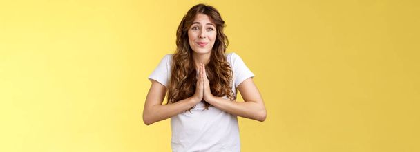 Cute hopeful young caucasian girl stooping hold hands pray smiling hope for pity begging favour plead asking advice say sorry grinning lovely making faithful glances you lend hand yellow background - Photo, Image