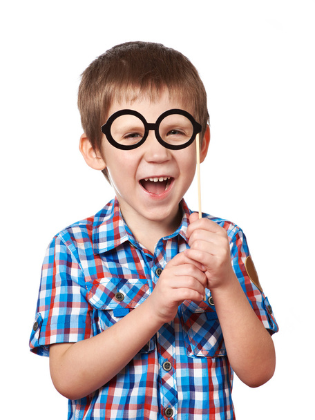 Little funny boy with glasses mask on stick isolated - Fotoğraf, Görsel