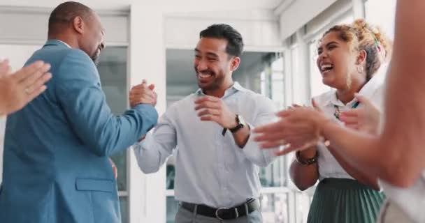 Success, winner and applause with business people and handshake for congratulations, celebration and achievement. Goal, well done and deal with group employee praise for promotion, award and support. - Кадры, видео