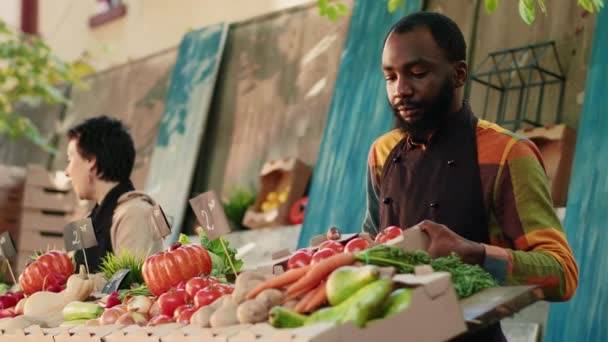Portret van een verkoper die dozen met bio tomaten verkoopt en reclame maakt voor eigen producten op de lokale boerenmarkt. Mannelijke boer kleine ondernemer op voedselbeurs. Handschot. - Video