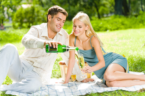 Young happy couple celebrating with champagne at picnic - 写真・画像