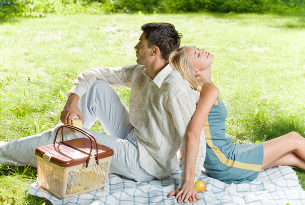 Young happy amorous couple together at picnic, outdoors - Photo, Image