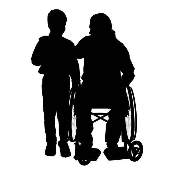 Człowiek na wózku inwalidzkim z synem. - Wektor, obraz