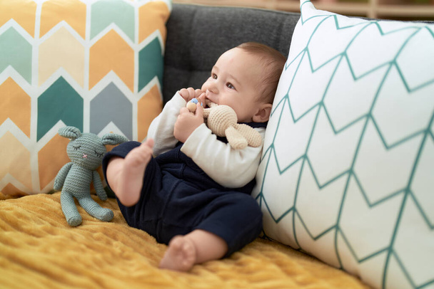 Очаровательный малыш сидит дома на диване и сосёт игрушку. - Фото, изображение
