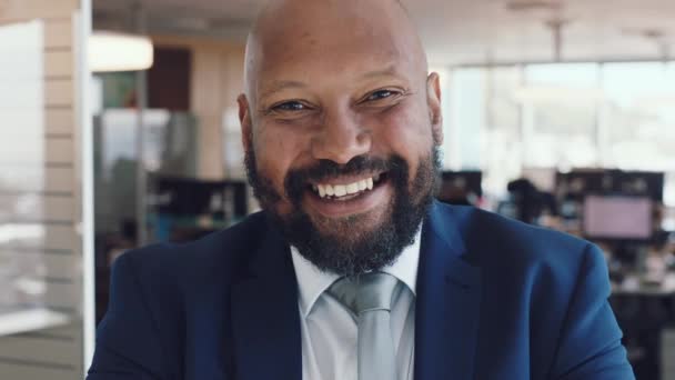 Happy, businessman face with success at workplace, corporate and finance worker at office with company headshot. Career, happiness with job and professional portrait, accounting manager in workspace - Footage, Video