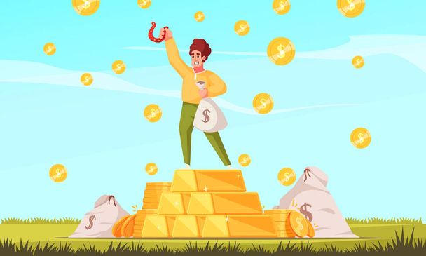 Lotteria poster cartone animato vincente con uomo felice in piedi su illustrazione vettoriale mucchio d'oro - Vettoriali, immagini