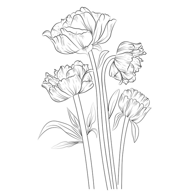 bazsarózsa vektor művészet, kézzel rajzolt virágok elszigetelt fehér háttér vektor illusztráció. vázlat stílus fekete és sárga. - Vektor, kép