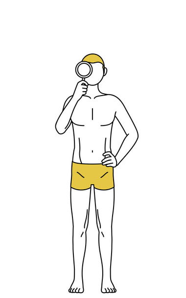 Haarentfernung und Männerästhetik Bild, Ein Mann in Unterwäsche, der durch eine Lupe schaut - Vektor, Bild