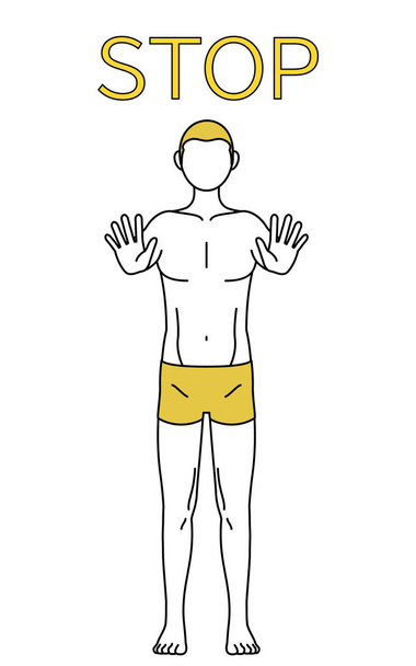 Haarentfernung und Männerästhetik: Ein Mann in Unterwäsche, die Hand vor dem Körper ausgestreckt, signalisiert Halt. - Vektor, Bild