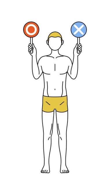 Épilation et esthétique masculine, Un homme en sous-vêtements tenant un bâton indiquant des réponses correctes et incorrectes. - Vecteur, image