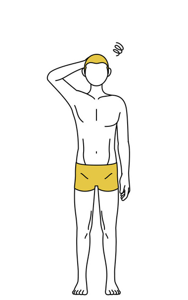 Haarentfernung und Männerästhetik: Ein Mann in Unterwäsche kratzt sich in Not am Kopf. - Vektor, Bild