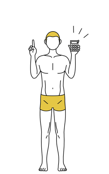 Haarentfernung und Männerästhetik Bild, Ein Mann in Unterwäsche hält einen Taschenrechner in der Hand und zeigt. - Vektor, Bild