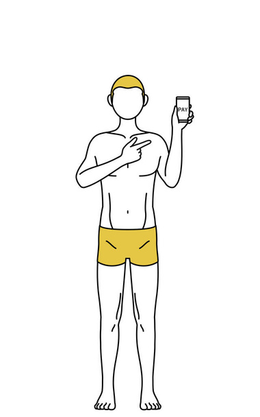 Épilation et esthétique masculine, Un homme en sous-vêtements recommandant des paiements en ligne sans espèces sur un smartphone. - Vecteur, image
