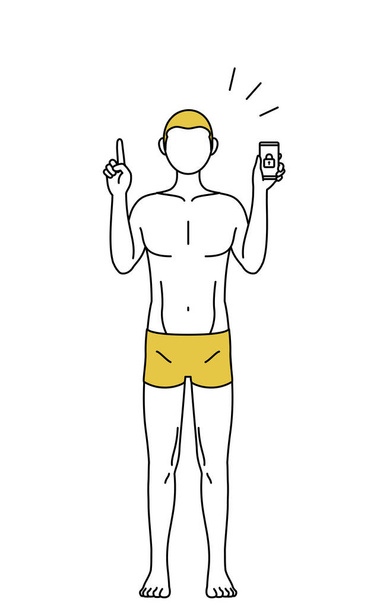 Haarentfernung und Männerästhetik Bild, Ein Mann in Unterwäsche ergreift Sicherheitsmaßnahmen für sein Handy. - Vektor, Bild
