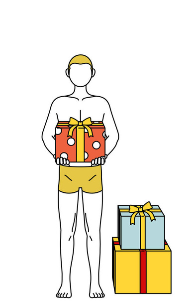 Odstranění vlasů a Pánská estetika image, Muž ve spodním prádle drží krabici dárků. - Vektor, obrázek