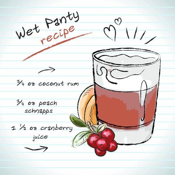 Wet panty cocktail, vector sketch hand drawn illustration, fresh summer alcoholic drink with recipe and fruits - Vector, Image