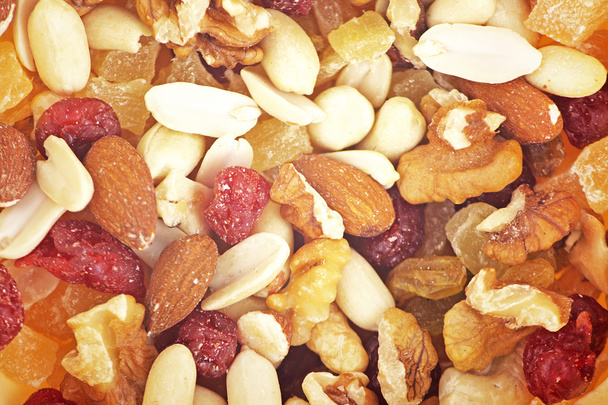 Mix nuts and dry fruits background - Photo, Image