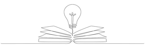 Lamp boven boek continue een lijn kunst tekening. Lijntekening open boek met lamp idee symbool. Schoolonderwijsconcept. Vector illustratie geïsoleerd op wit. - Vector, afbeelding