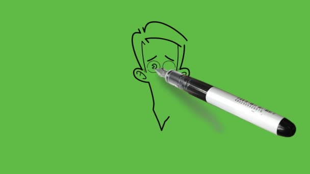 Zeichnen junger Junge emotionales Gesicht, runde Augen, Nase, braune Haare halten seine beiden Hände in der Nähe des Halses trägt gelbes Hemd mit schwarzen Umrissen auf abstrakt grünem Hintergrund - Filmmaterial, Video