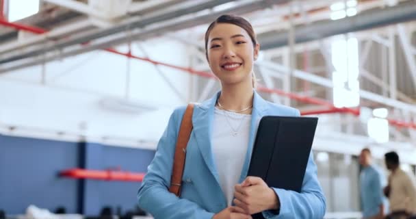 Business woman, face and corporate architect with architecture plan, building industry and workplace. Professional portrait, success in career with Asian worker at office in Tokyo, smile with pride - Footage, Video