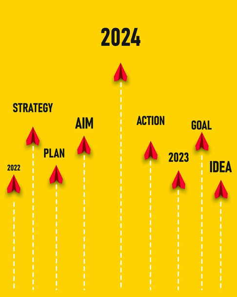 красные самолеты, летящие к цели, цель, план, действие, цель, идея, стратегия, 2023,2022.Планирование, возможности, вызов и концепция бизнес-стратегии. - Вектор,изображение