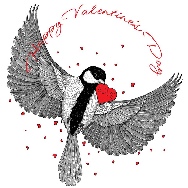 Ilustração vetorial do cartão de Dia dos Namorados. O titmouse segura um coração em seu bico no estilo de uma gravura - Vetor, Imagem