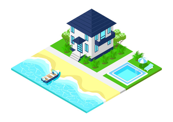 Isometrische zomerhuis op een witte achtergrond.Onroerend goed te koop en te huur. Een kleurrijk beeld van een twee verdiepingen tellend privé huis met een zwembad aan de kust. - Vector, afbeelding