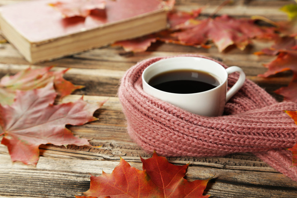 Cup of coffee with warm scarf - Zdjęcie, obraz
