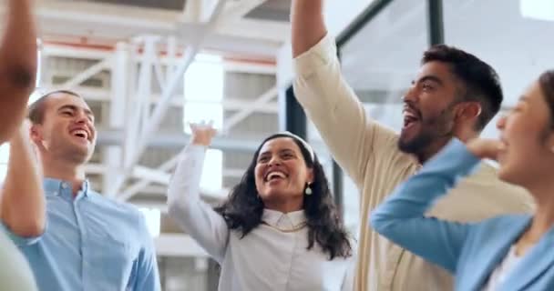 Business people, high five and applause for success, celebration and deal of teamwork, collaboration and support, motivation and goals. Diversity, group and happy workers celebrate winner achievement. - Footage, Video