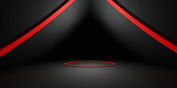 Red Curve Podium背景ネオンライトサークルダーク禅モダンアブストラクトベースコンセプトステージ3Dイラスト - 写真・画像
