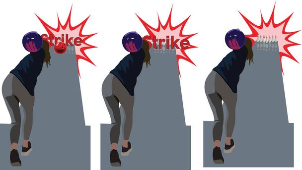 sportos nő hátulról játszik bowling - Vektor, kép