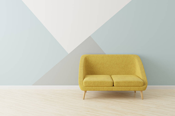 Gele bank in Scandinavische stijl voor een muur geschilderd met driehoeken. 3D-weergave van modellen. - Foto, afbeelding