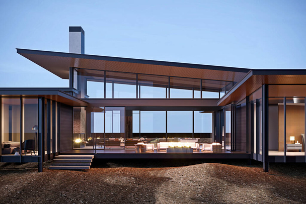 3d render of luxury house exterior view at sunset - Photo, Image