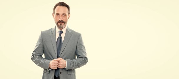 Man face portrait, banner with copy space. mature grizzled employee in businesslike suit isolated on white, business executive - Photo, Image