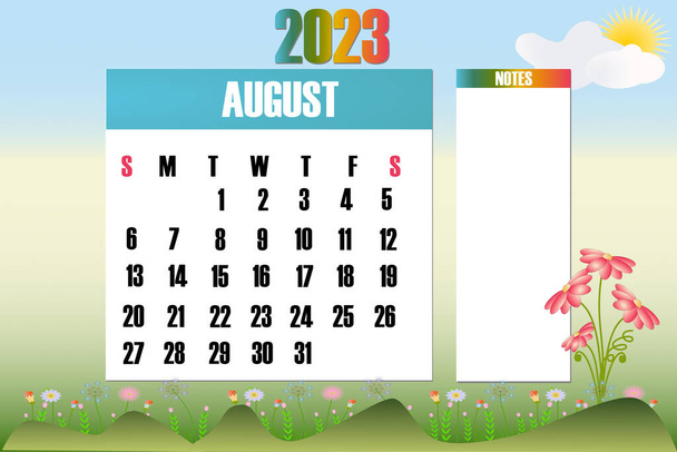 Agosto 2023 - Calendario NAture. La settimana inizia domenica - illustrazione vettoriale stock - Vettoriali, immagini