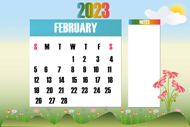 2023年2月-自然カレンダー。週は日曜日に始まります-株式ベクトルイラスト - ベクター画像