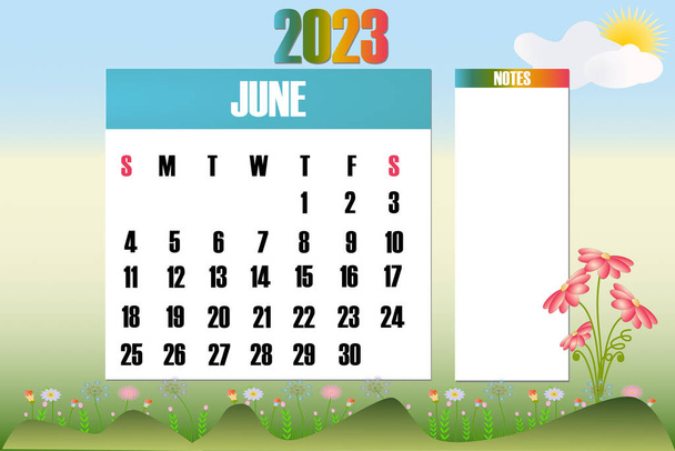Junio 2023 - Calendario de la Naturaleza. Semana comienza el domingo - stock vector ilustración - Vector, Imagen