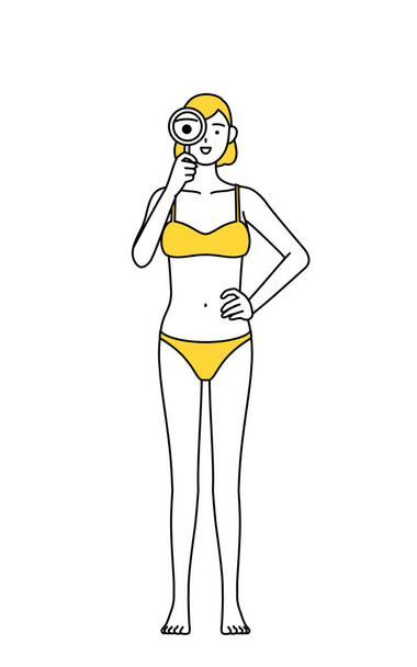 Épilation et Esthétique Salon image, Une femme en sous-vêtements regardant à travers des loupes - Vecteur, image